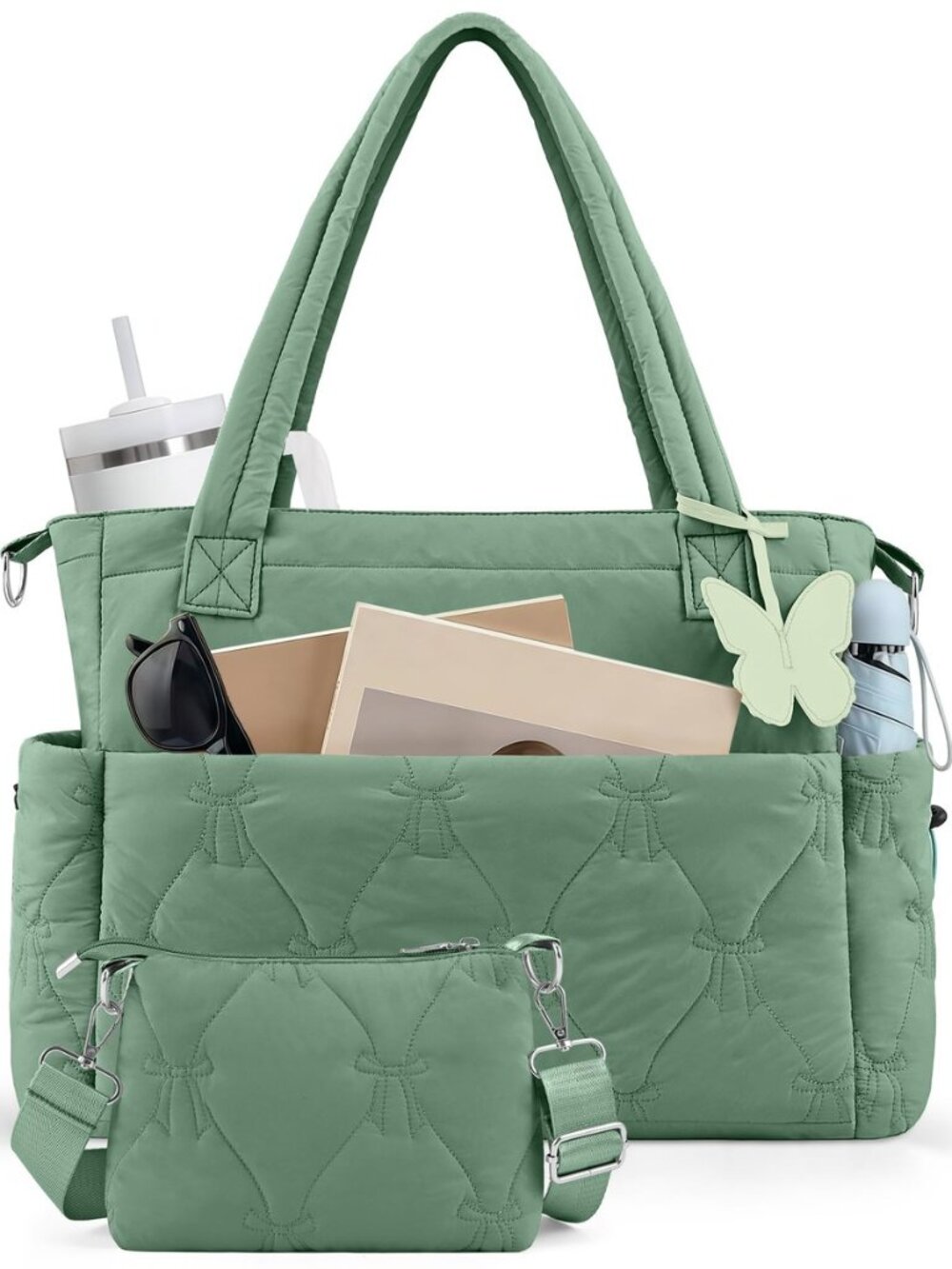 Puffer Tote Bag for Women, Lightweight Quilted Puffy Work Handbag with Zipper &